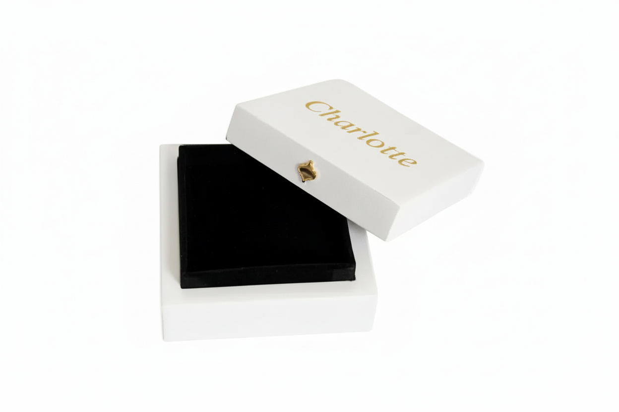 white jewelry/ ring box lined in velvet for your special items. can be personalized with name or monogram