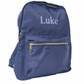 NAVY BACKPACK WITH FRONT ZIPPERED POCKET, INNER ZIPPER AND TWO OUTTER SIDE POCKETS. CAN BE EMBROIDERED WITH MANE OR INITIALS OR WITH LETTER PATCHES