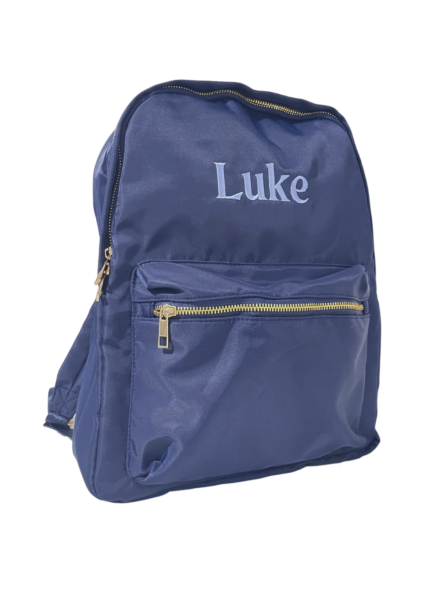 NAVY BACKPACK WITH FRONT ZIPPERED POCKET, INNER ZIPPER AND TWO OUTTER SIDE POCKETS. CAN BE EMBROIDERED WITH MANE OR INITIALS OR WITH LETTER PATCHES