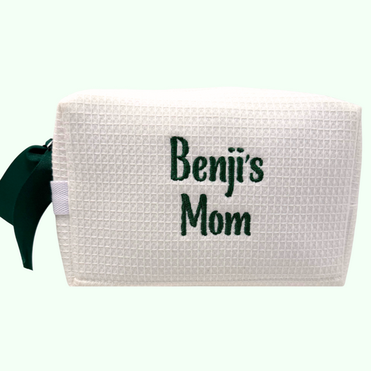 Waffle cotton toiletry bag with embroidered name , monogram oe initials. available in white, brown, cream, pink purple, blue and turquoise. 