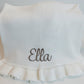 white knit baby blanket embroidered with name in taupe thread. Perfect for a newborn gift and will be a keepsake for years to come 