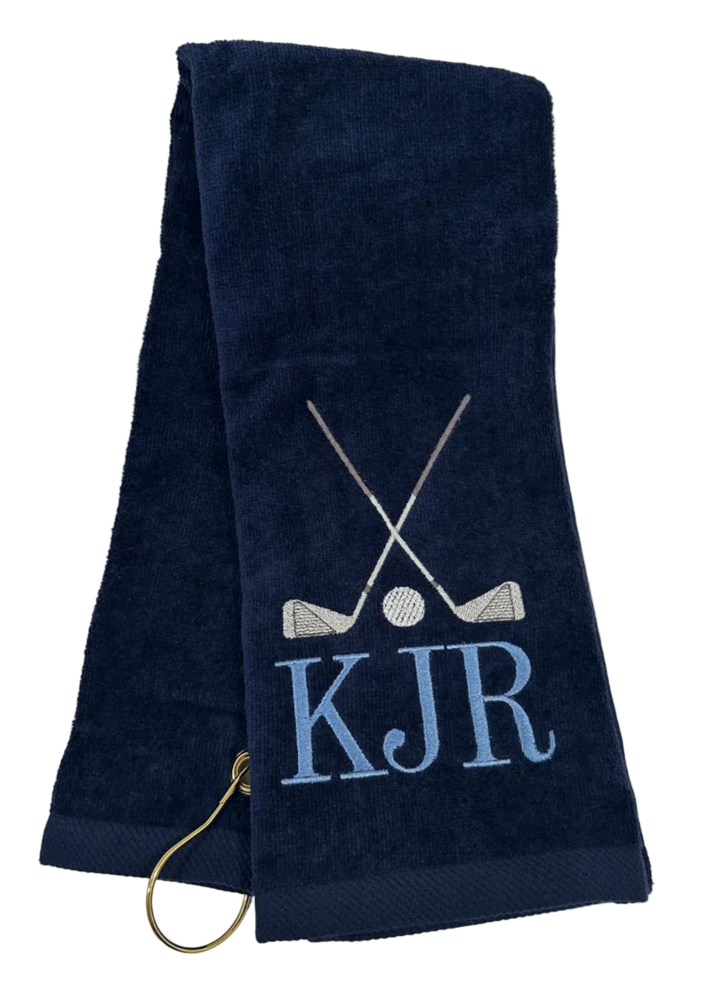 Navy blue golf towel with clubs and initials . perfect gift for dad, pop, grandpa or a special guy or gal.
