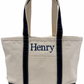 Beige CB STATION DURABLE MEDIUM tote bag with NAVY handles and trim, featuring the name 'Henry' in blue text on THIS NATURAL CANVAS BAG
