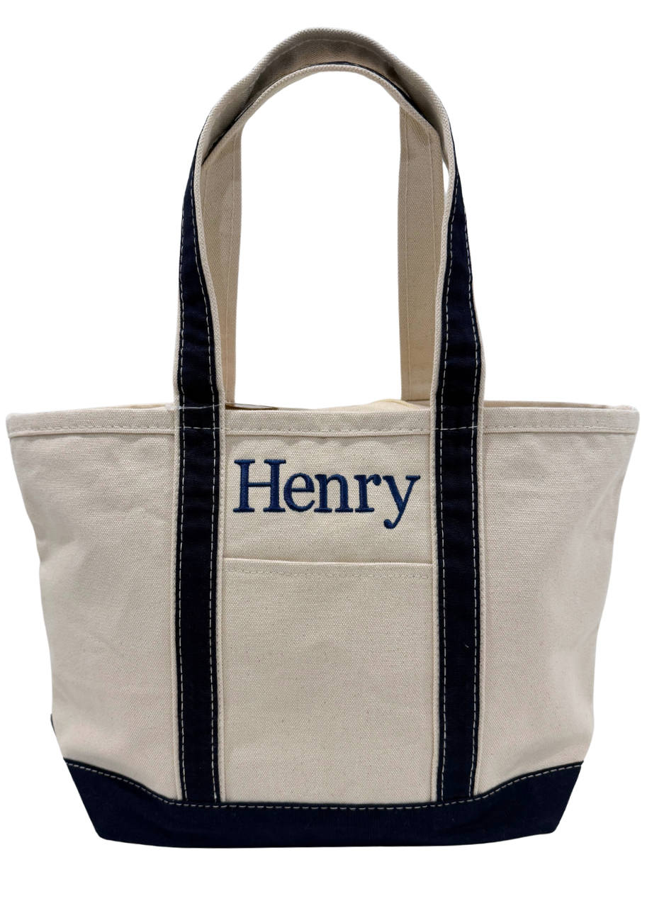 Beige CB STATION DURABLE MEDIUM tote bag with NAVY handles and trim, featuring the name 'Henry' in blue text on THIS NATURAL CANVAS BAG