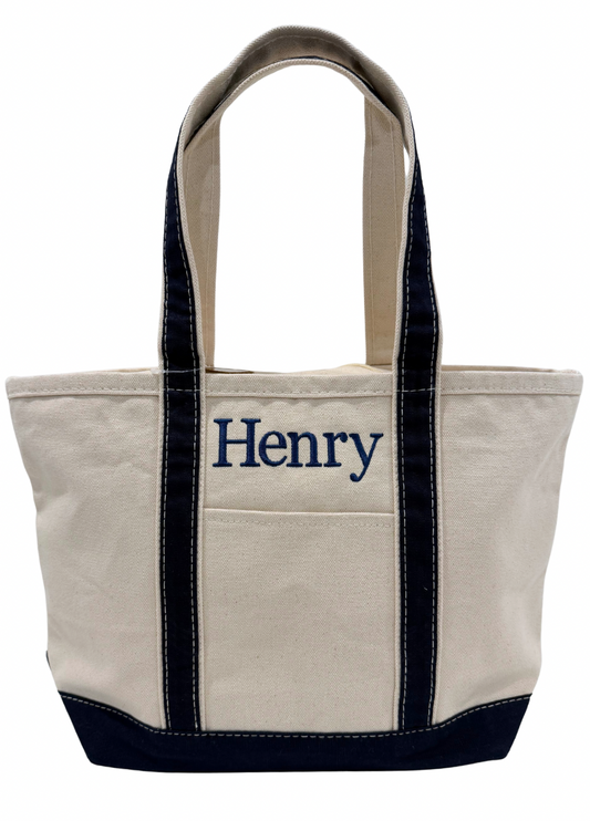 Beige CB STATION DURABLE MEDIUM tote bag with NAVY handles and trim, featuring the name 'Henry' in blue text on THIS NATURAL CANVAS BAG