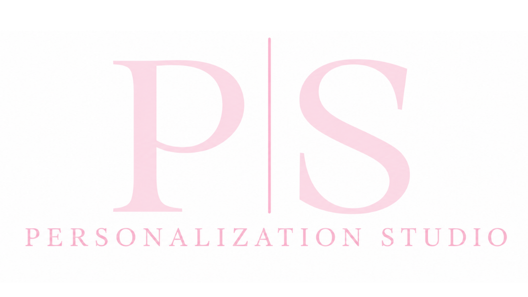 A minimalist logo featuring a large pink 'PS' with a vertical divider and the words 'PERSONALIZATION STUDIO' underneath, set against a solid white background.