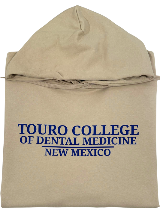 Beige hoodie with 'Touro College of Dental Medicine New Mexico' text in blue on a white background