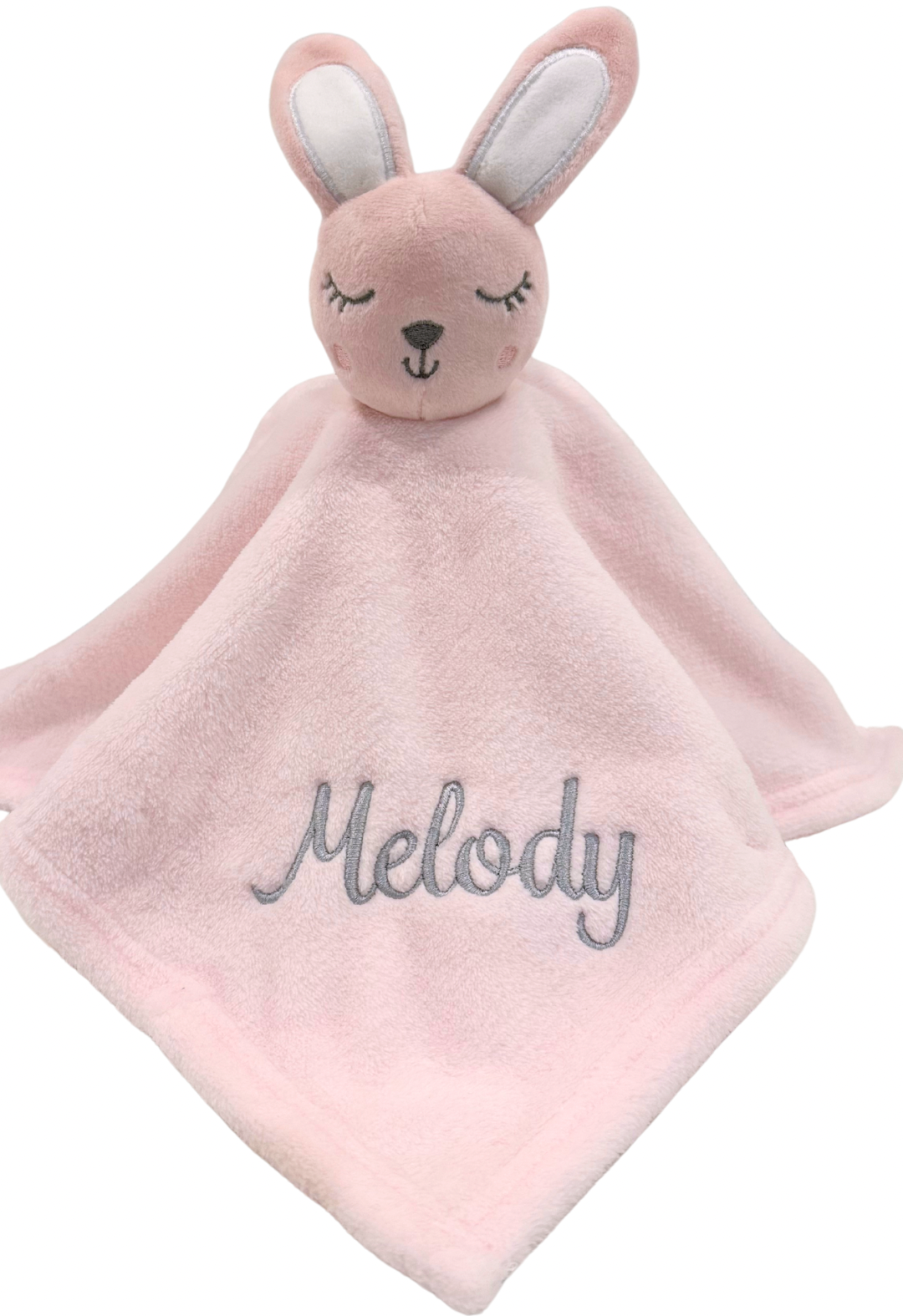 Pink bunny-shaped security blanket with 'Melody' embroidered on a white background. lovey embroidered with baby name