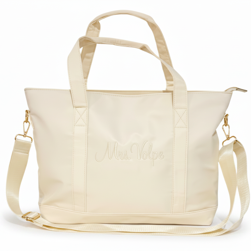 Beige nylon tote bag with 'Mrs. Volpe' embroidered. Perfect for a newly married or engaged. This bag will be her forever go to bag.