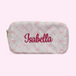 A personalized cosmetic pouch with the name 'Isabella' embroidered in pink on a white nylon bag with pink bows. zippered top pouch is a practical way to keep everything organized for travel or school. Matching backpack and large bag available. 
