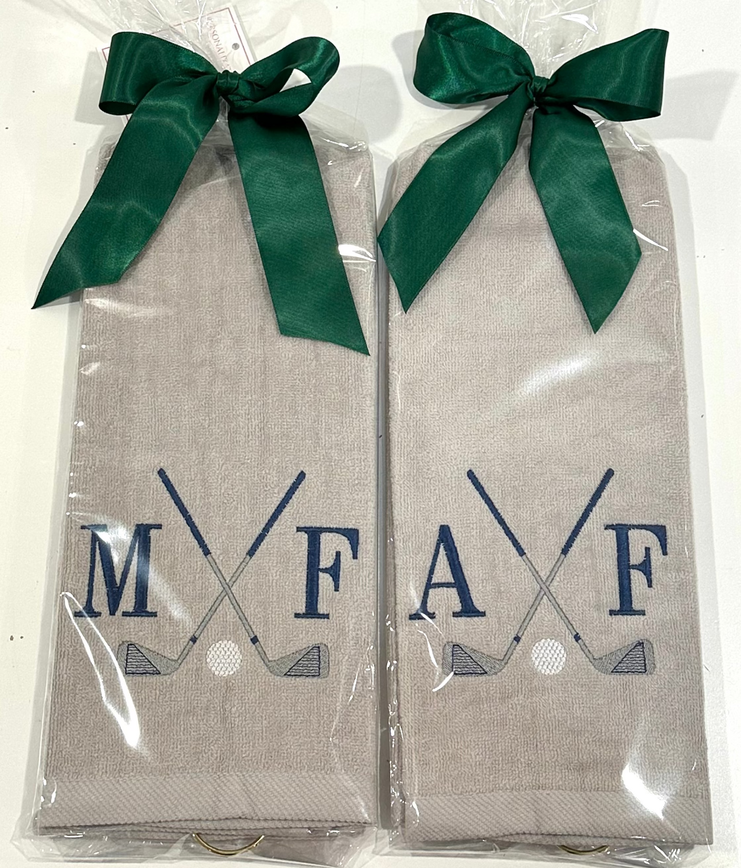 gray corner grommet golf towels embroidered with initials and golf clubs