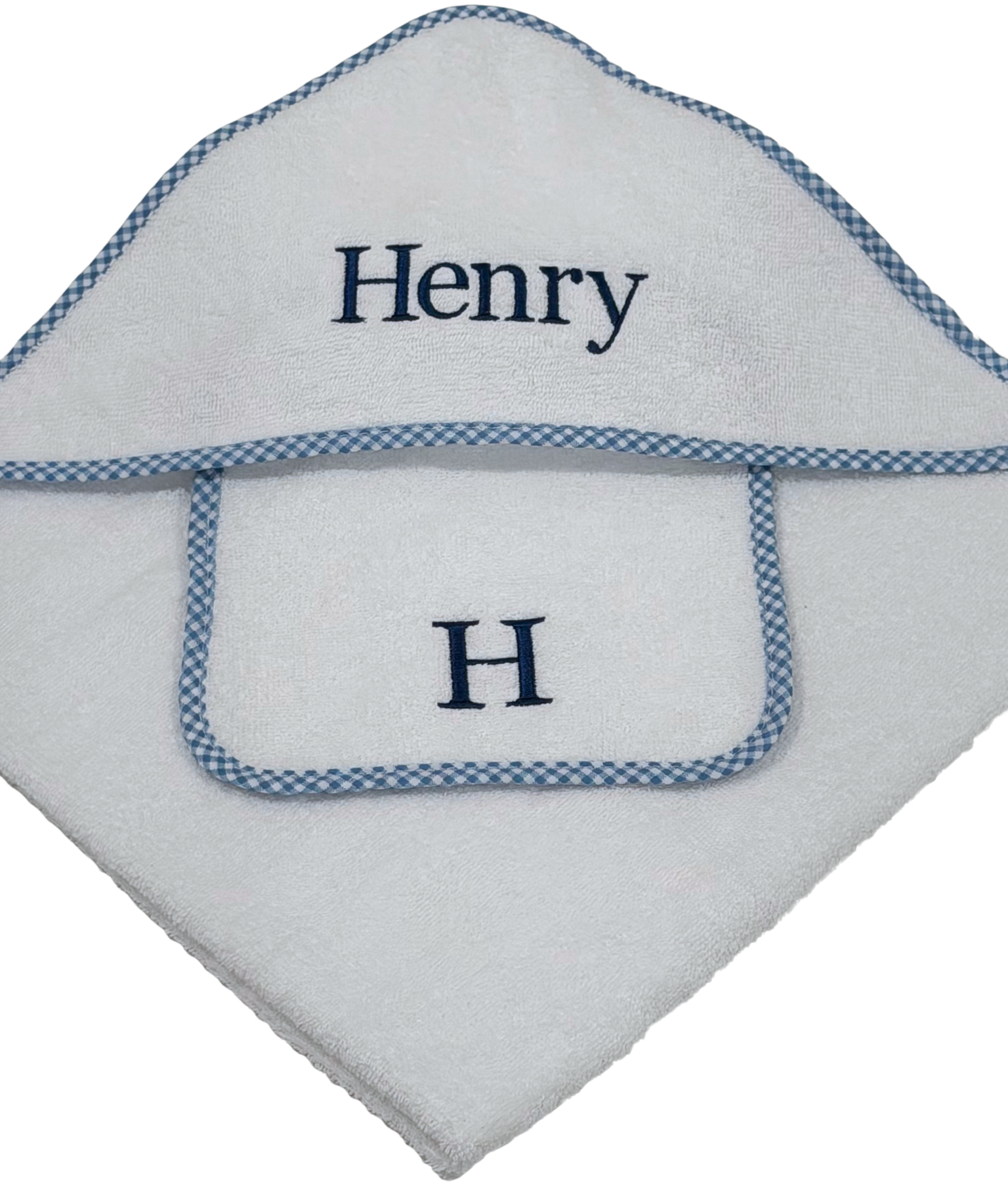 White hooded baby towel with blue gingham trim and embroidered name 'Henry' on a white background. 100 % terry cotton