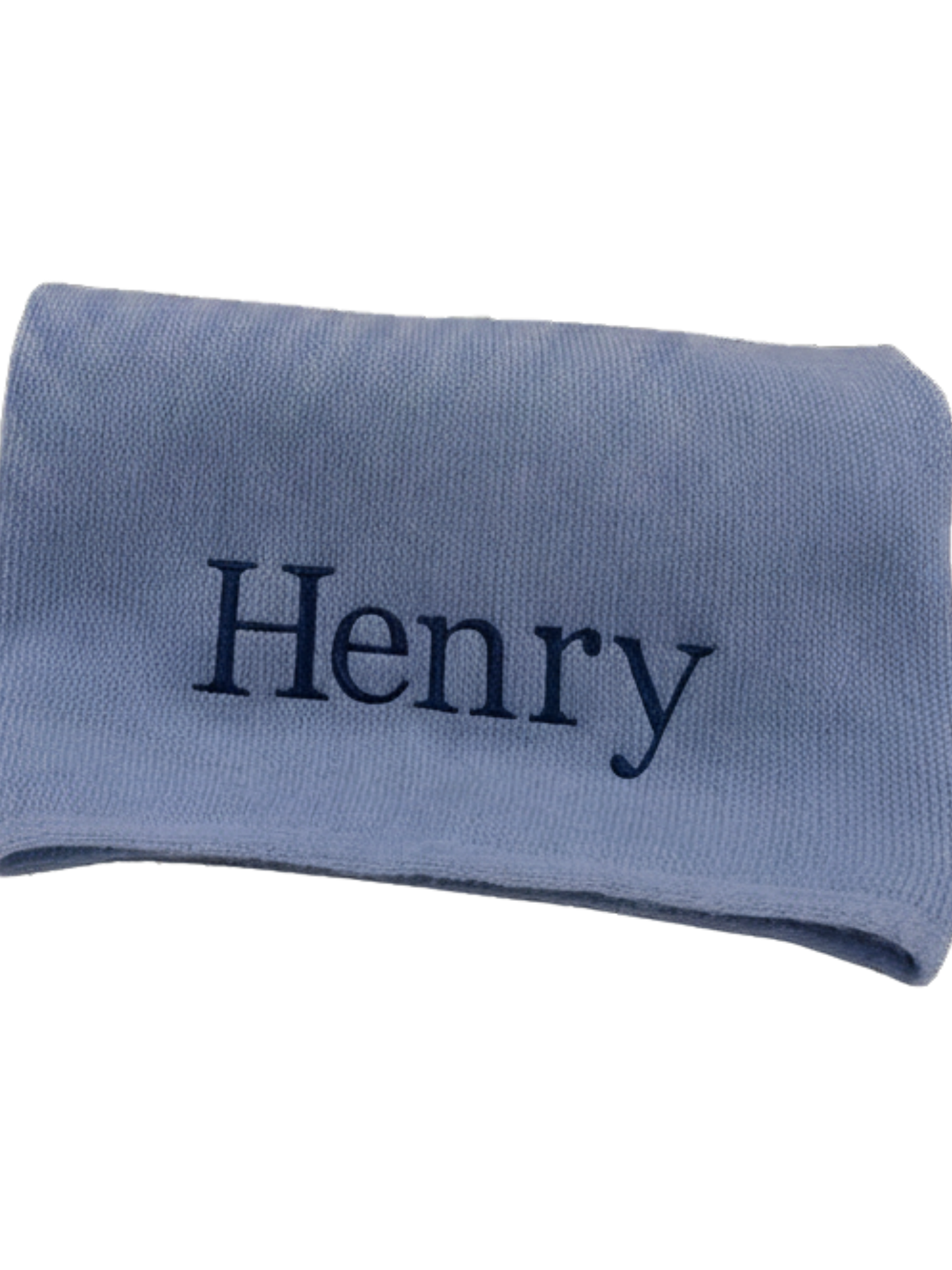 BLUE KNIT BABY BANKET STRAIGHT EDGE MONOGRAMMED WITH NAME IN NAVY BLUE THREAD FONT IS CALLED GEORGIA