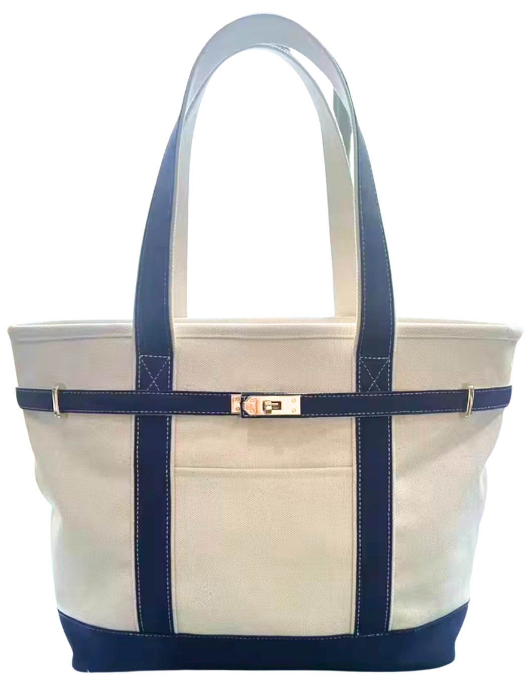 A natural color canvas tote bag with gold hardware and navy blue trim, double shoulder straps, and a gold-tone turn-lock closure. Outer pocket and inside ziper pocket and key chain hook.