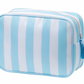 Blue and white nylon bag. has gold hardware, inside zipper pocket and blue  tassel for easy opening. 