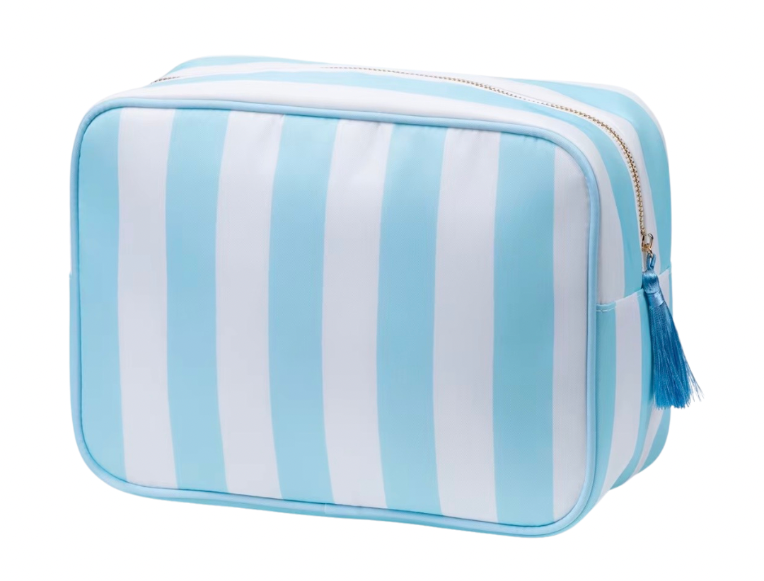 Blue and white nylon bag. has gold hardware, inside zipper pocket and blue  tassel for easy opening. 