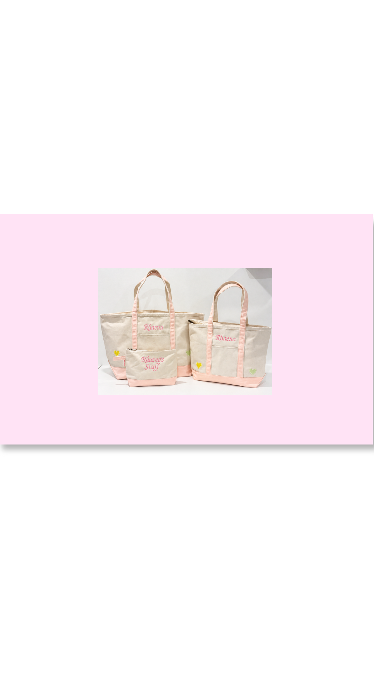 CB Station powder pink tote bags. large tote, medium tote and accessory tote. personalized with embroidered name and heart icons added for extra decoration