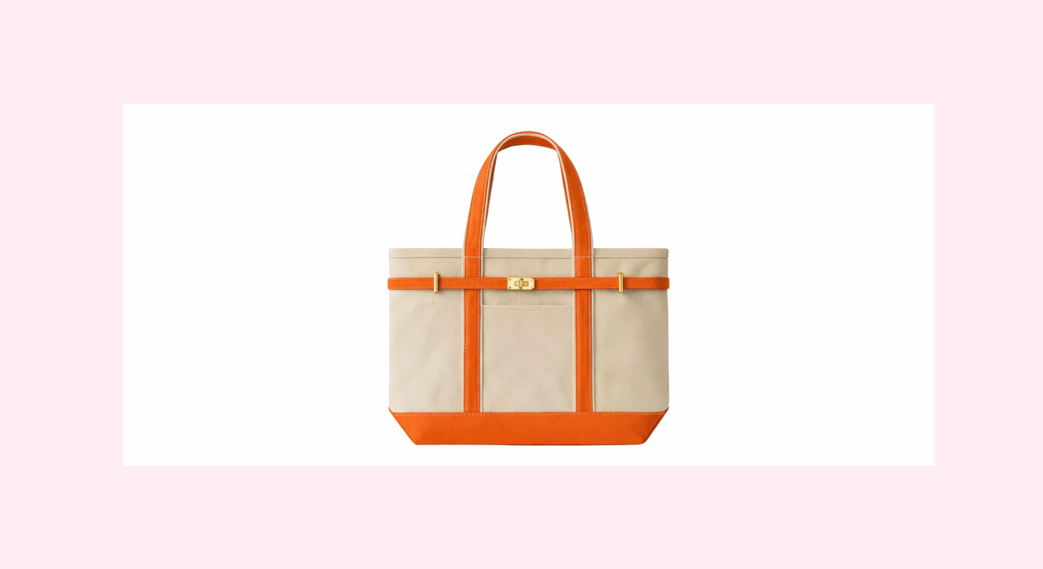 Canvas tote with orange trim and gold buckle. Also available in cream trim.